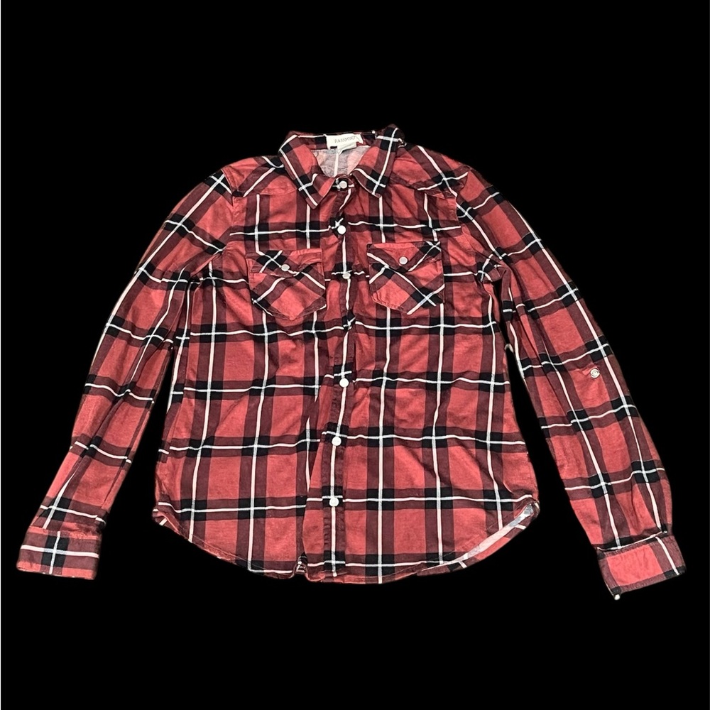Women’s Sz M Passport Dark Red Longsleeve Snap Button‎ Flannel Shirt.